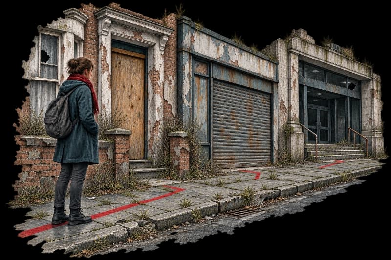 A dilapidated Britain: the same scene, stalled
